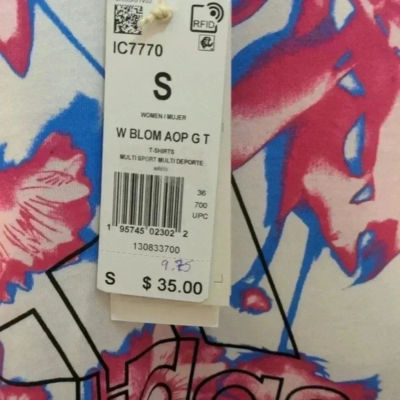 Adidas Women's Bloom Allover Print Tee-White/Pink/Blue - Picture 2 of 7